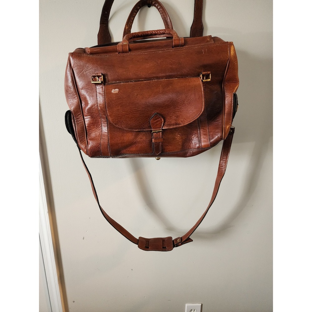 Vintage Brown Faux Leather Weekender Travel Bag Large 21" Overnight Carryall.